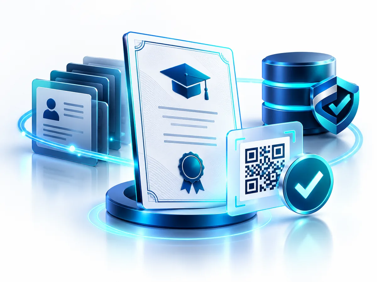 Diploma con sello y código QR junto a una base de datos protegida